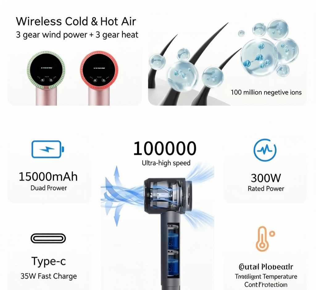 ✨ Cordless Rechargeable Hair Dryer, 15000mAh Wireless Blow Dryer 6-Speed Hot Cold Air, Negative Ion 40W Type-C Fast Charge with Diffuser & Concentrator Nozzle for Dorm Travel Gym