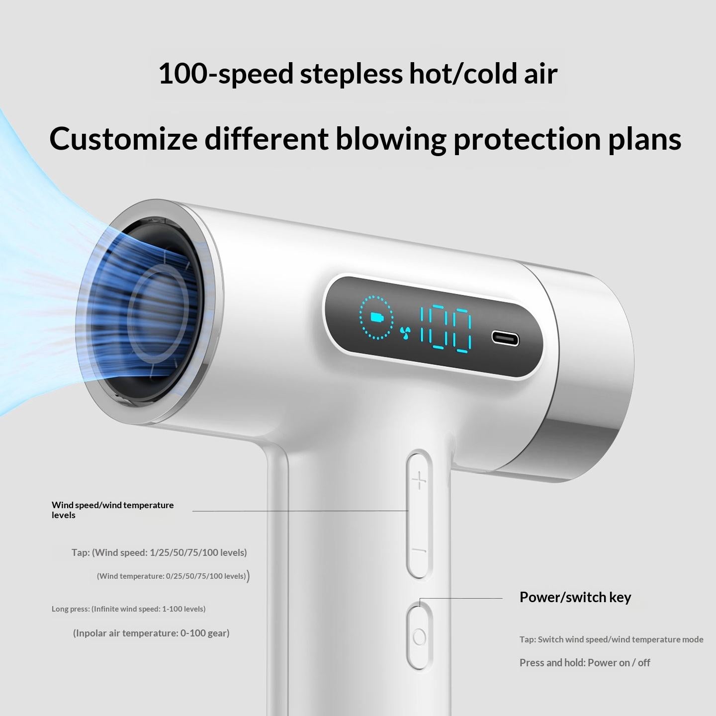 ✨ Cordless Rechargeable Hair Dryer, 13000/27000mAh Portable No Outlet Blow Dryer, Hot & Cold Air 100 Stepless Speed, 18W Fast Charging Travel Dryer for Dorm Gym