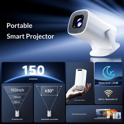 📽️ PLUS Portable Smart Projector, Native 720P 150” Home Theater Projector, WiFi6 Bluetooth5.0 Auto Keystone Correction Mini Projector for Outdoor Camping Dorm Bedroom