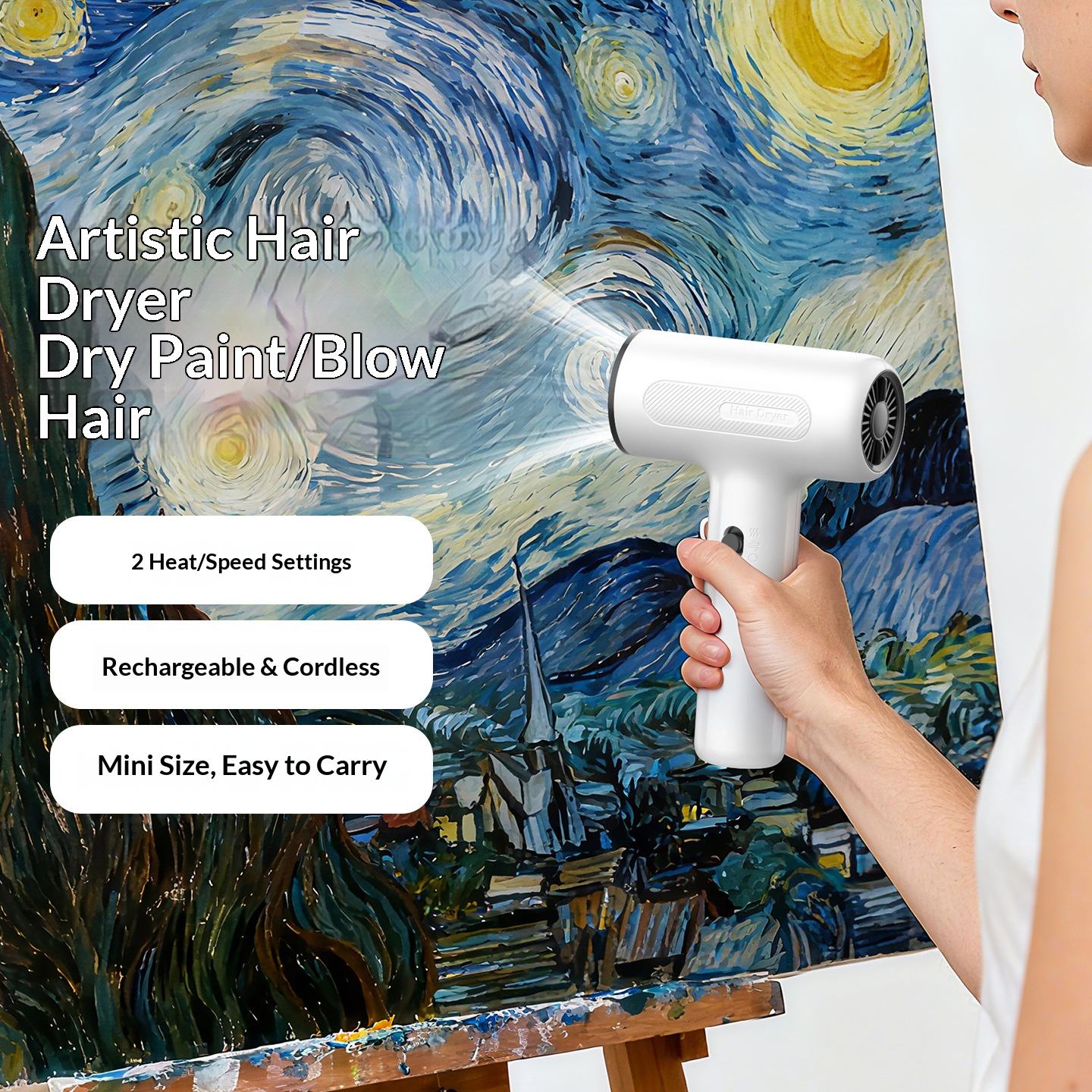 🛍️ 2-in-1 Cordless Hair Dryer & Art Air Dryer, Plug-in Hot Air + Battery Cold Air Rechargeable Portable Blow Dryer for Art Painting Nail Art Travel Dorm