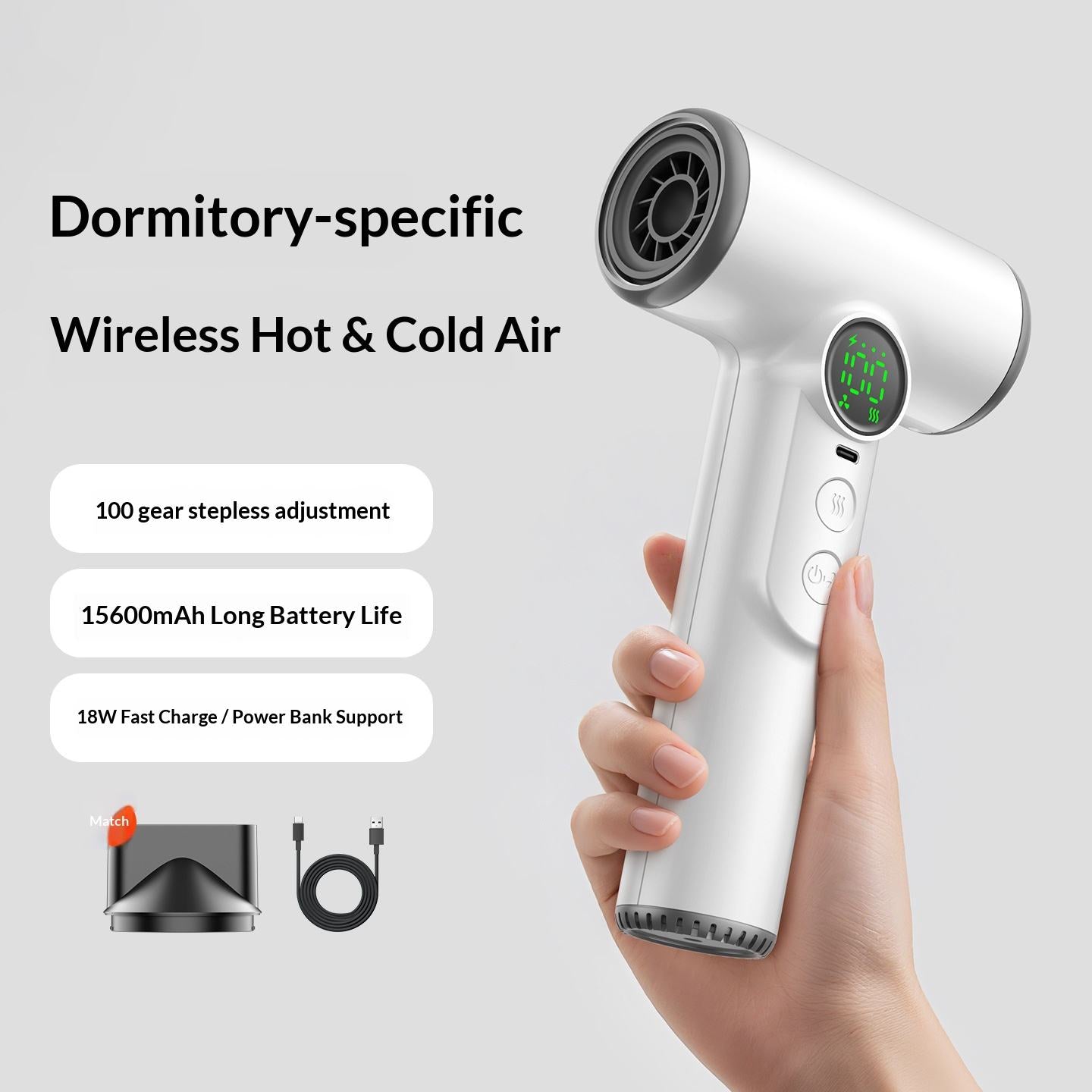 🔌Cordless Rechargeable Hair Dryer, 15600mAh Portable No-Outlet Blow Dryer with Hot & Cold Air, 100 Speed Stepless Adjust, 18W Fast Charging Travel Dryer for Dorm & Outdoor