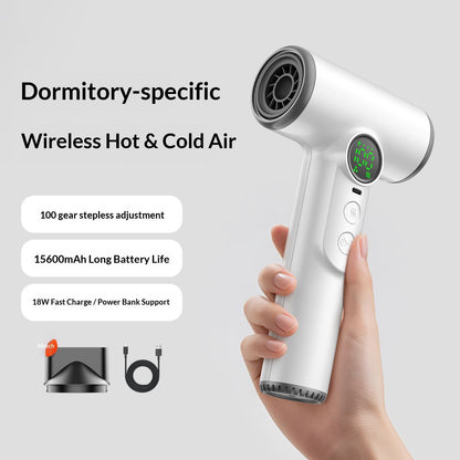 🔌Cordless Rechargeable Hair Dryer, 15600mAh Portable No-Outlet Blow Dryer with Hot & Cold Air, 100 Speed Stepless Adjust, 18W Fast Charging Travel Dryer for Dorm & Outdoor