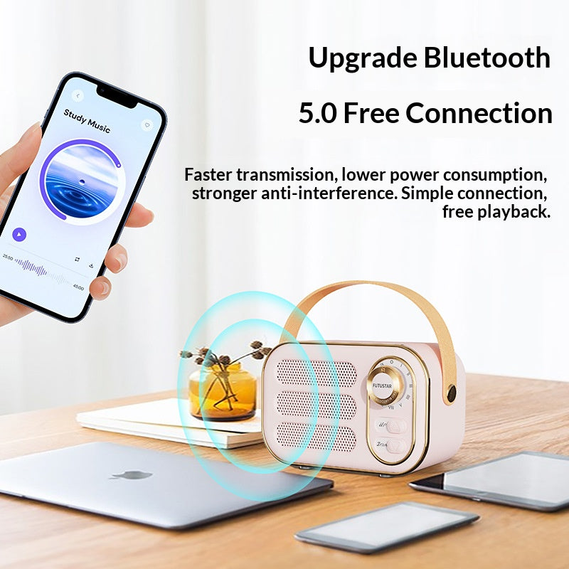 📻 Vintage Portable Bluetooth 5.0 Speaker, Retro Radio Style Hi-Fi Bass Mini Wireless Speaker with Leather Handle Support AUX TF Card for Desk Home Decor