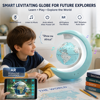 Smart Magnetic Levitating Globe with AR Explore & Voice Control, 360° Auto Rotation Floating World Globe Lamp Built-in Speaker, LED Night Light Educational Toy Gift for Kids Students Home Desk