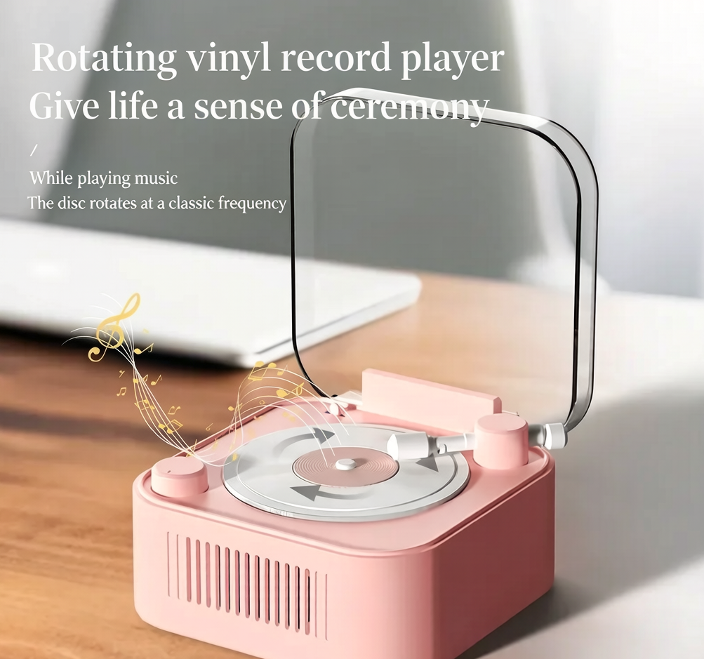 🎵 Retro Vinyl Turntable Style Bluetooth 5.0 Speaker, Spinning Record Decor Mini Stereo Speaker Support TF AUX USB, Rechargeable Portable Vintage Desk Decor Speaker for Bedroom Home