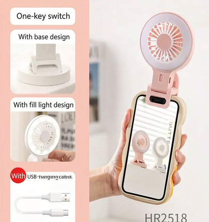 📸3-in-1 Clip On Phone Fan with LED Ring Fill Light, 3 Speed Adjustable Angle USB-C Rechargeable Portable Desk Fan for Vlog Selfie Makeup Content Creation