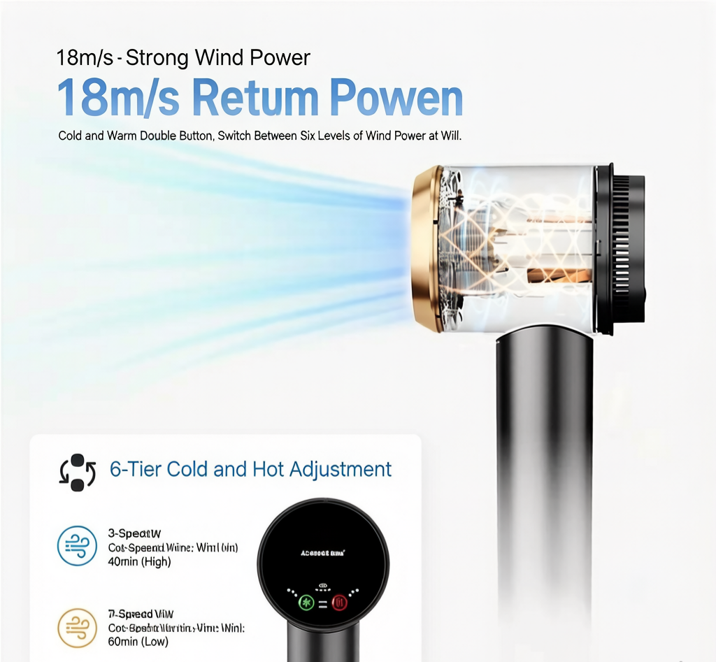 ✨ Cordless Rechargeable Hair Dryer, 15000mAh Wireless Blow Dryer 6-Speed Hot Cold Air, Negative Ion 40W Type-C Fast Charge with Diffuser & Concentrator Nozzle for Dorm Travel Gym