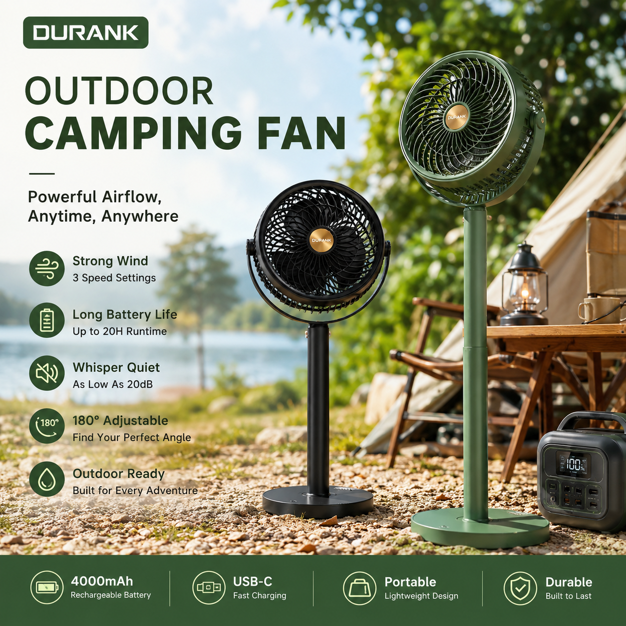 ☀️ 3-in-1 Solar Powered Camping Floor Fan, Adjustable Height Portable Outdoor Fan with Built-in LED Light & Emergency Power Bank for Tent RV Patio Tailgating