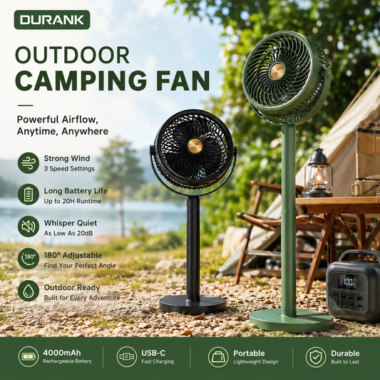 ☀️ 3-in-1 Solar Powered Camping Floor Fan, Adjustable Height Portable Outdoor Fan with Built-in LED Light & Emergency Power Bank for Tent RV Patio Tailgating