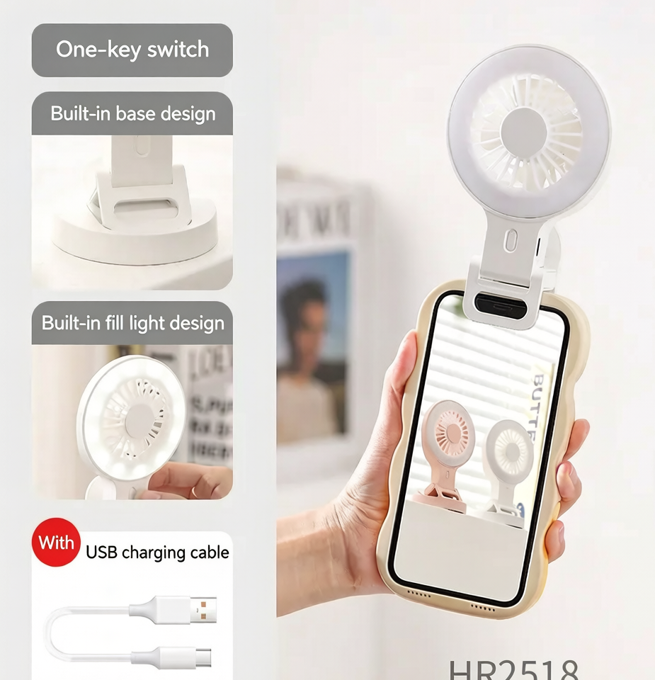 📸3-in-1 Clip On Phone Fan with LED Ring Fill Light, 3 Speed Adjustable Angle USB-C Rechargeable Portable Desk Fan for Vlog Selfie Makeup Content Creation