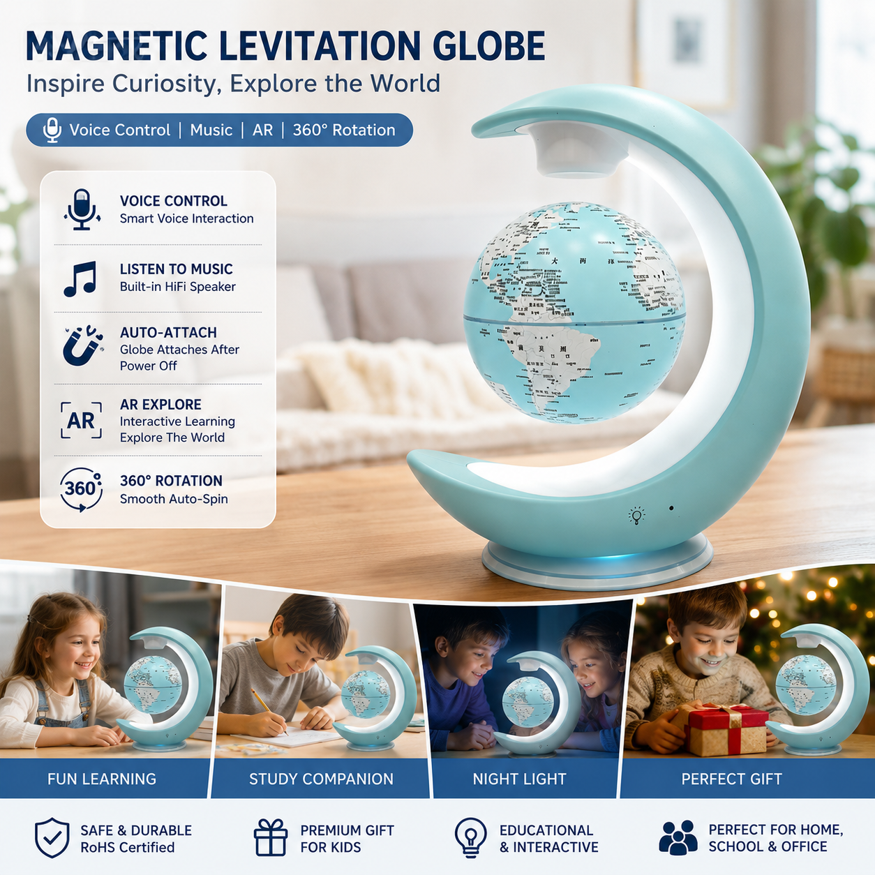 Smart Magnetic Levitating Globe with AR Explore & Voice Control, 360° Auto Rotation Floating World Globe Lamp Built-in Speaker, LED Night Light Educational Toy Gift for Kids Students Home Desk