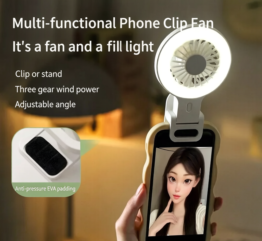 📸3-in-1 Clip On Phone Fan with LED Ring Fill Light, 3 Speed Adjustable Angle USB-C Rechargeable Portable Desk Fan for Vlog Selfie Makeup Content Creation