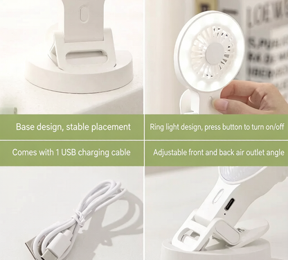 📸3-in-1 Clip On Phone Fan with LED Ring Fill Light, 3 Speed Adjustable Angle USB-C Rechargeable Portable Desk Fan for Vlog Selfie Makeup Content Creation