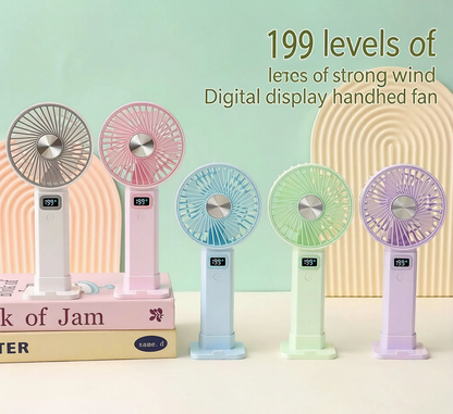 🌬️2-in-1 Handheld & Desktop Fan, 199 Speed Adjustable Portable Fan with Digital LED Display, USB-C Rechargeable Mini Pocket Cooling Fan for Travel Camping Desk Outdoor