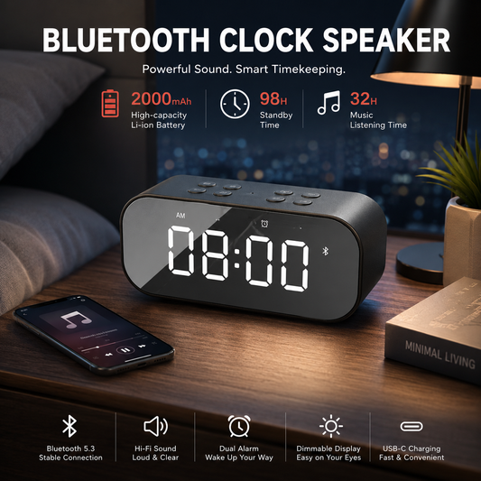⏰ 3-in-1 Mirror LED Alarm Clock Bluetooth Speaker, Dual Alarms Hands-Free Call Speaker with 3 Adjustable Brightness, 2000mAh Portable Digital Clock for Bedroom Dorm Office