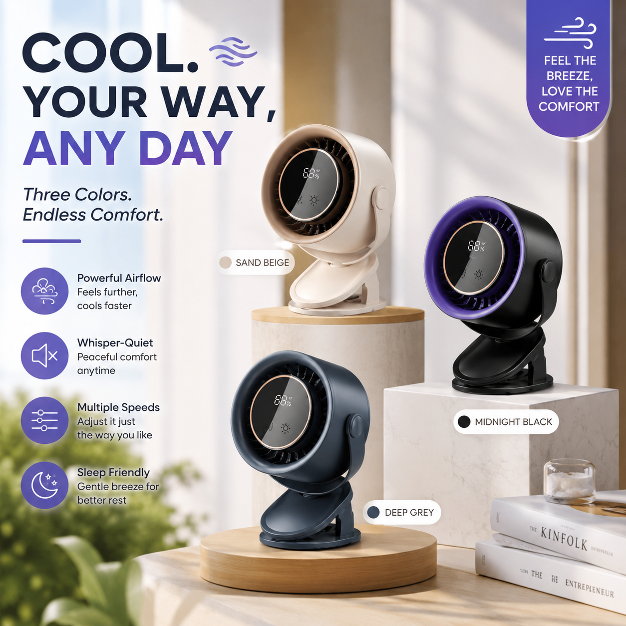 💡 3-in-1 Rechargeable Clip On Fan with Night Light, 199 Speed Adjustable Quiet Portable Fan, USB-C Charging 8H Auto Off Timer Wall Hanging Desk Fan for Nursery Camping Bedroom