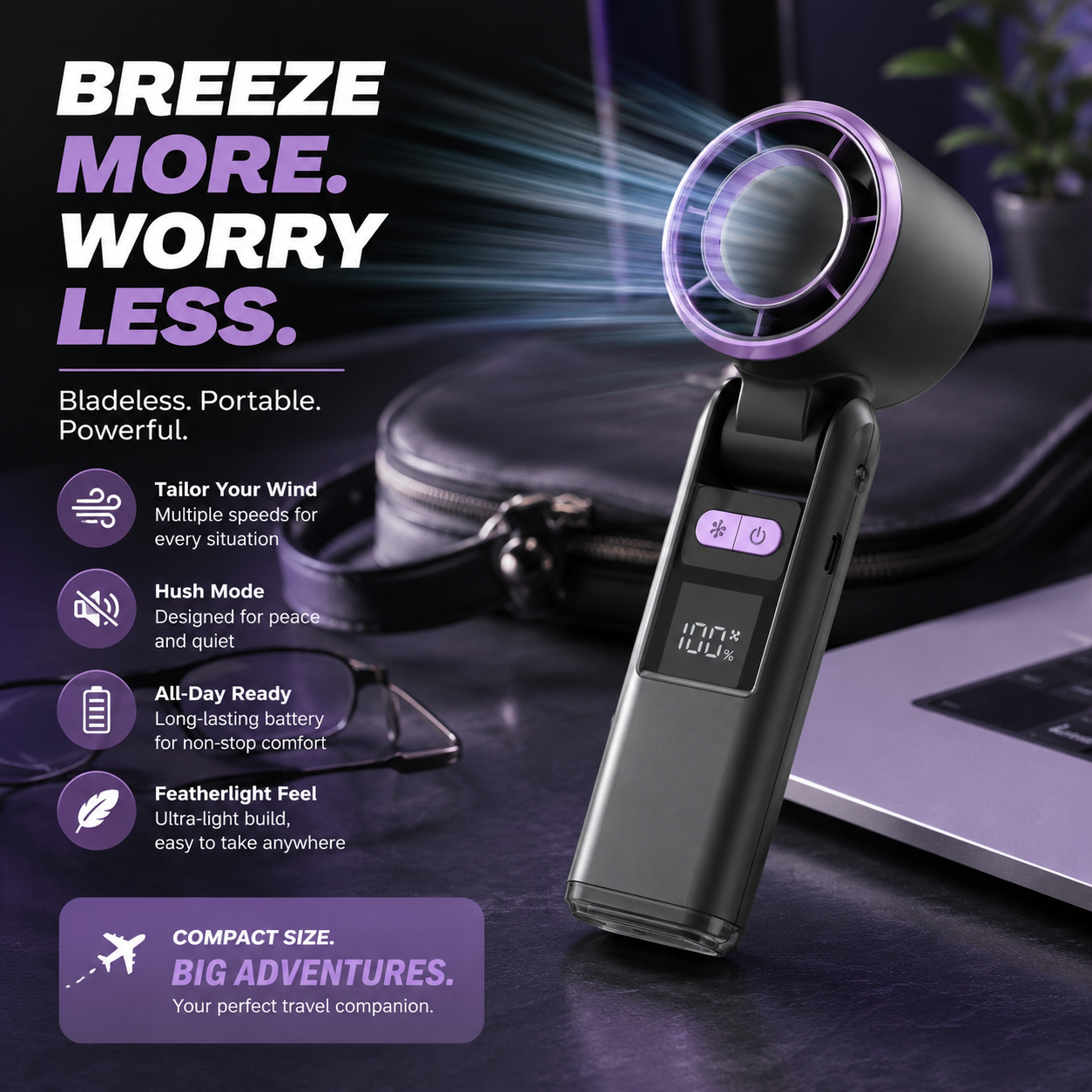 ❄️ Portable Ice Ceramic Cooling Handheld Fan, 100-Speed Adjustable Mini Turbo Fan with Digital Power Display, 4000mAh Rechargeable Pocket Fan for Outdoor Travel Camping Sports