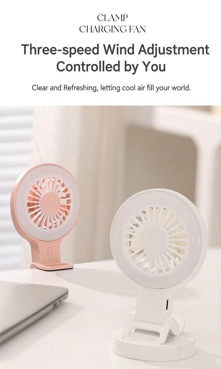 📸3-in-1 Clip On Phone Fan with LED Ring Fill Light, 3 Speed Adjustable Angle USB-C Rechargeable Portable Desk Fan for Vlog Selfie Makeup Content Creation