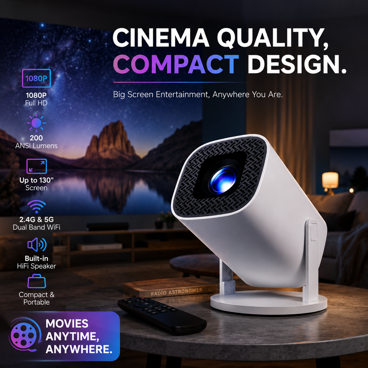 📽️ PLUS Portable Smart Projector, Native 720P 150” Home Theater Projector, WiFi6 Bluetooth5.0 Auto Keystone Correction Mini Projector for Outdoor Camping Dorm Bedroom