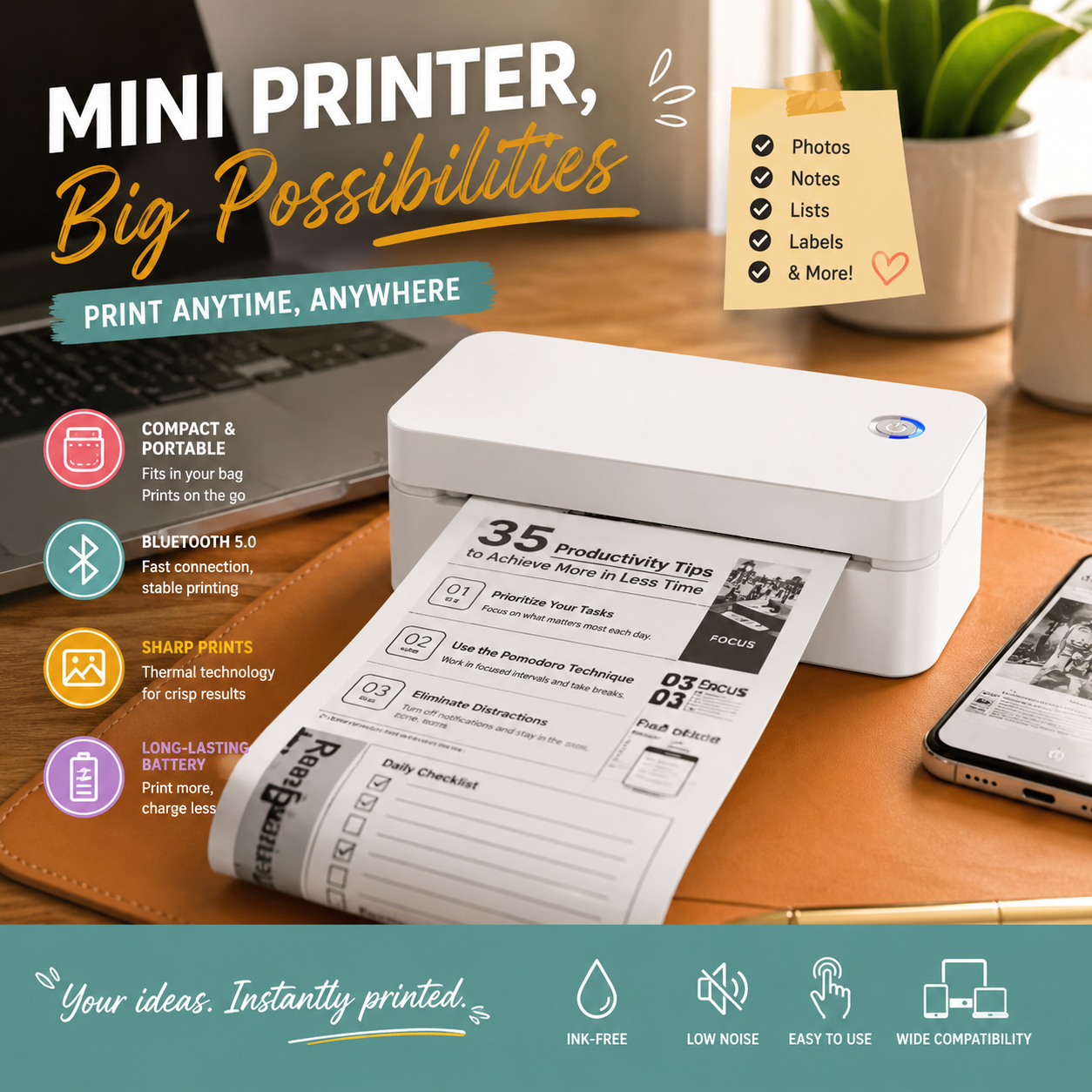 🖨️ Portable A4 Thermal Printer, Wireless Bluetooth Inkless Printer Compatible with iOS Android Laptop, Travel Business Home School Tattoo Document Printing
