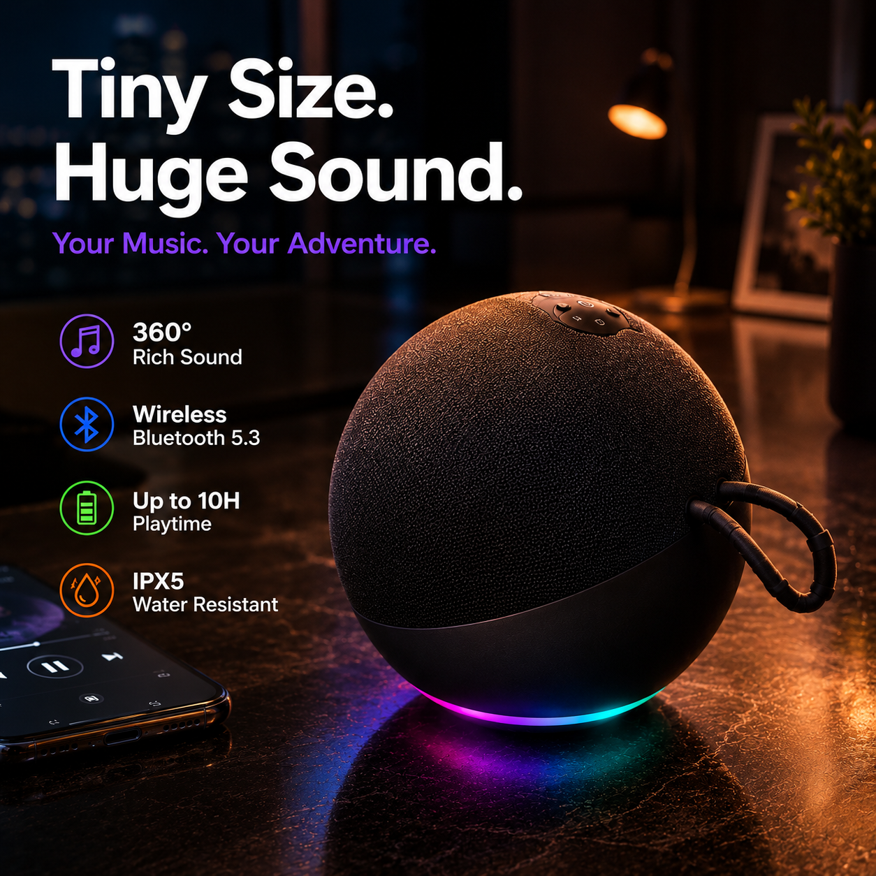 🔋Alaxe Portable Bluetooth 5.3 Speaker, IPX5 Waterproof Mini Ball Wireless Speaker with 360° Surround Sound, RGB LED Lights, Up to 12H Playtime, Compact Outdoor Speaker for Beach Camping Travel Home Party
