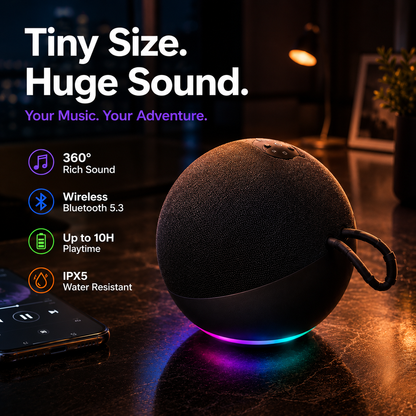 🔋Alaxe Portable Bluetooth 5.3 Speaker, IPX5 Waterproof Mini Ball Wireless Speaker with 360° Surround Sound, RGB LED Lights, Up to 12H Playtime, Compact Outdoor Speaker for Beach Camping Travel Home Party