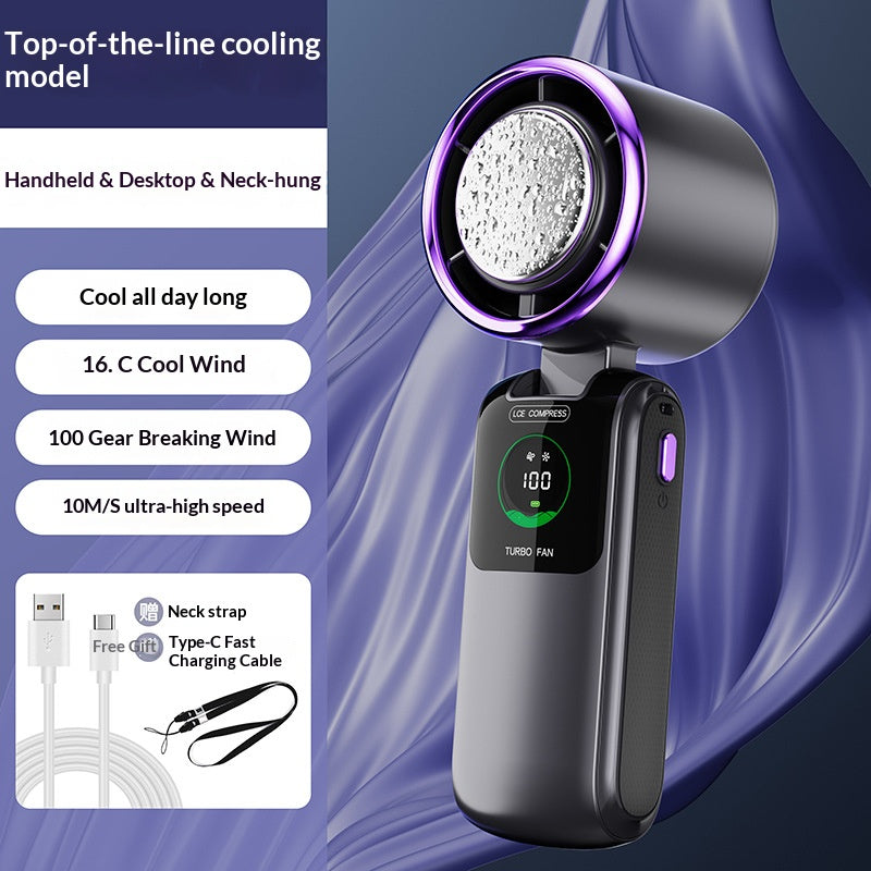 ❄️ Instant Ice Compress Cooling Handheld Fan, 1-100 Speed Adjustable Foldable Portable Turbo Fan, 3600mAh Rechargeable Desktop & Pocket Cooling Fan for Outdoor Travel