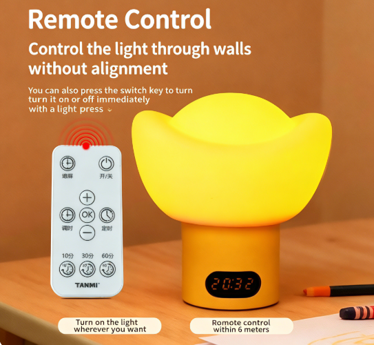 💰 Gold Ingot Zero Blue Light Baby Night Light, FDA Food Grade Silicone Nursery Lamp with Remote Control, Digital Clock & Custom Timer, Dimmable Rechargeable Bedside Sleep Lamp
