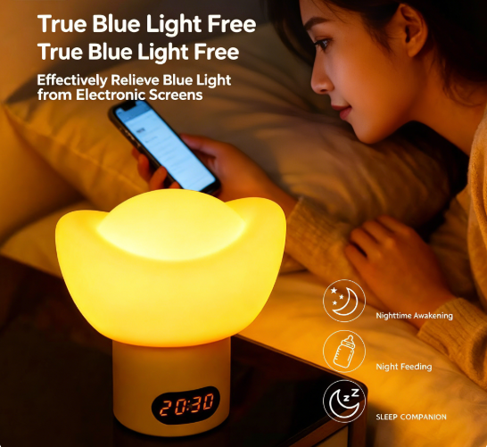 💰 Gold Ingot Zero Blue Light Baby Night Light, FDA Food Grade Silicone Nursery Lamp with Remote Control, Digital Clock & Custom Timer, Dimmable Rechargeable Bedside Sleep Lamp