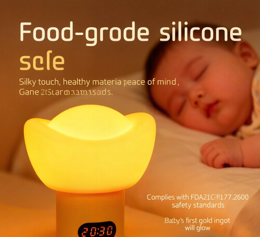 💰 Gold Ingot Zero Blue Light Baby Night Light, FDA Food Grade Silicone Nursery Lamp with Remote Control, Digital Clock & Custom Timer, Dimmable Rechargeable Bedside Sleep Lamp