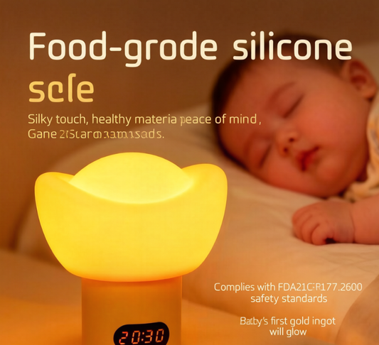💰 Gold Ingot Zero Blue Light Baby Night Light, FDA Food Grade Silicone Nursery Lamp with Remote Control, Digital Clock & Custom Timer, Dimmable Rechargeable Bedside Sleep Lamp