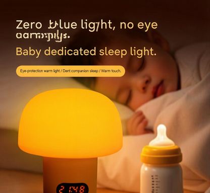 🍄 Mushroom Zero Blue Light Baby Night Light, FDA Food Grade Silicone Nursery Lamp with Digital Clock & Auto Timer, Dual Power Rechargeable Dimmable Bedside Sleep Lamp