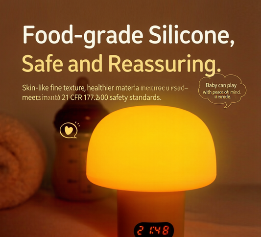 🍄 Mushroom Zero Blue Light Baby Night Light, FDA Food Grade Silicone Nursery Lamp with Digital Clock & Auto Timer, Dual Power Rechargeable Dimmable Bedside Sleep Lamp
