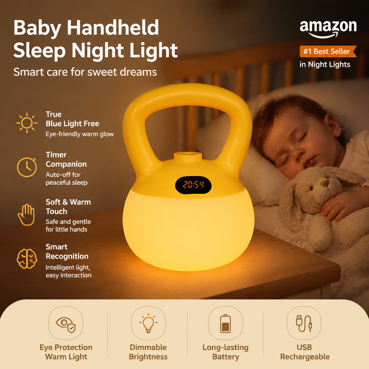 ✨Cordless Zero Blue Light Baby Sleep Night Light, Kettlebell Shaped Food Safe Silicone Rechargeable Night Lamp with Digital Clock Auto Off Timer for Nursery Bedroom