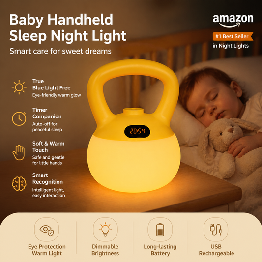 ✨Cordless Zero Blue Light Baby Sleep Night Light, Kettlebell Shaped Food Safe Silicone Rechargeable Night Lamp with Digital Clock Auto Off Timer for Nursery Bedroom