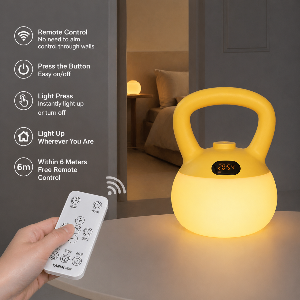 ✨Cordless Zero Blue Light Baby Sleep Night Light, Kettlebell Shaped Food Safe Silicone Rechargeable Night Lamp with Digital Clock Auto Off Timer for Nursery Bedroom