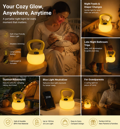 ✨Cordless Zero Blue Light Baby Sleep Night Light, Kettlebell Shaped Food Safe Silicone Rechargeable Night Lamp with Digital Clock Auto Off Timer for Nursery Bedroom