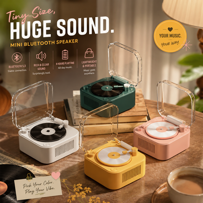 🎵 Retro Vinyl Turntable Style Bluetooth 5.0 Speaker, Spinning Record Decor Mini Stereo Speaker Support TF AUX USB, Rechargeable Portable Vintage Desk Decor Speaker for Bedroom Home
