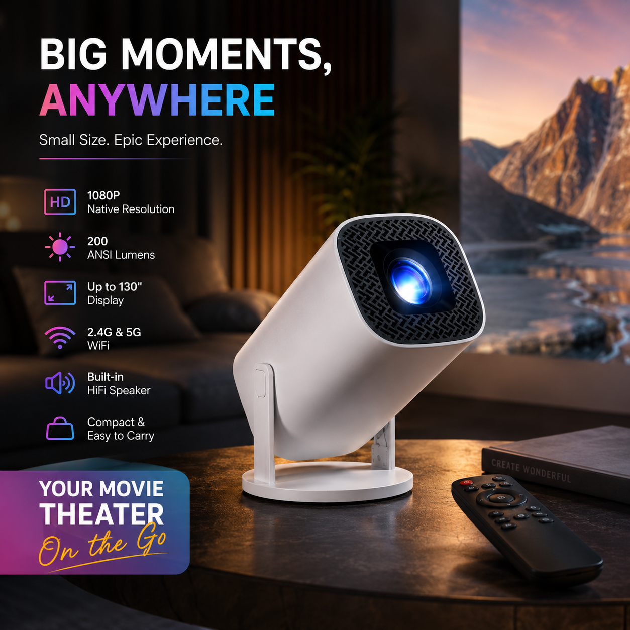 📽️ PLUS Portable Smart Projector, Native 720P 150” Home Theater Projector, WiFi6 Bluetooth5.0 Auto Keystone Correction Mini Projector for Outdoor Camping Dorm Bedroom