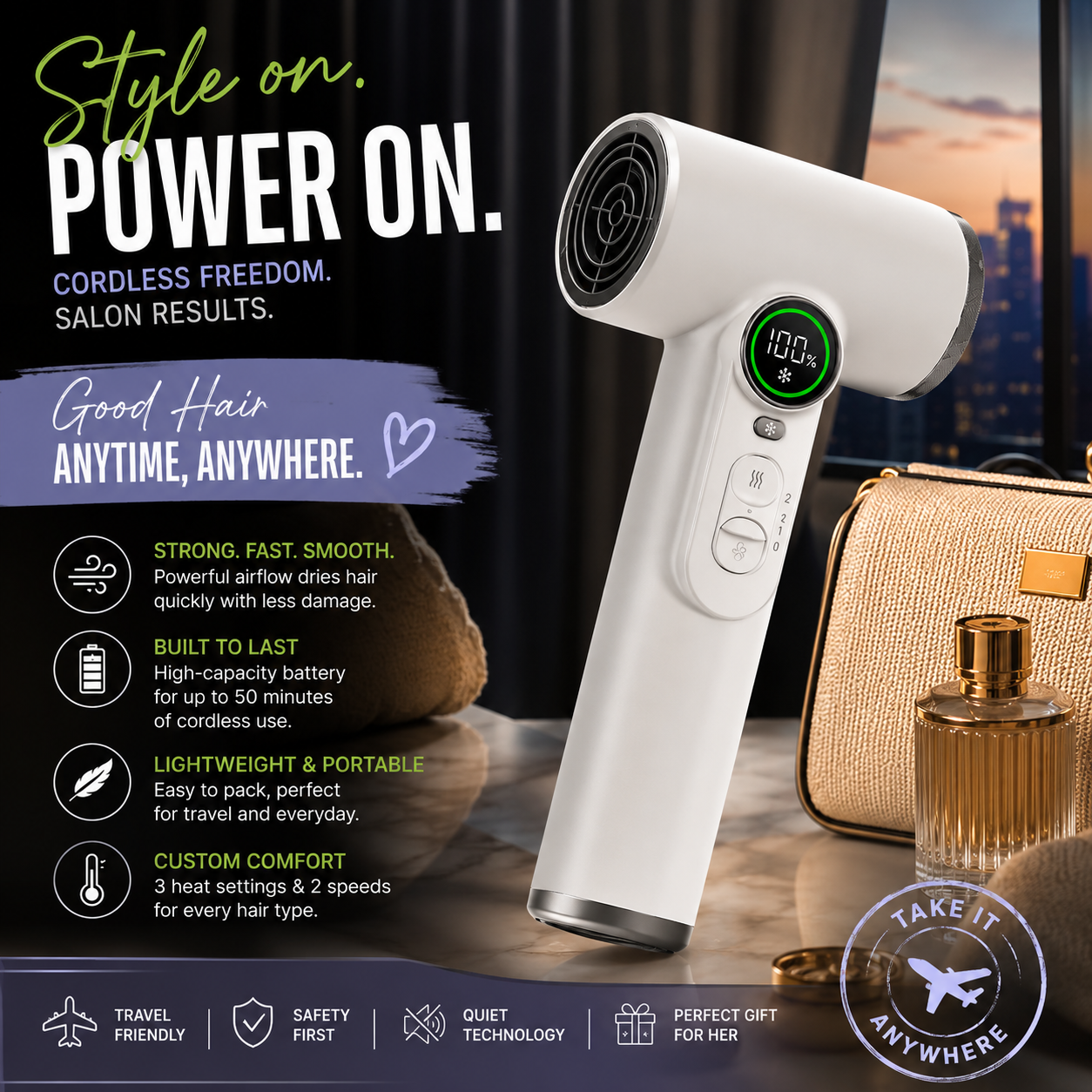 🔌Cordless Rechargeable Hair Dryer, 15600mAh Portable No-Outlet Blow Dryer with Hot & Cold Air, 100 Speed Stepless Adjust, 18W Fast Charging Travel Dryer for Dorm & Outdoor
