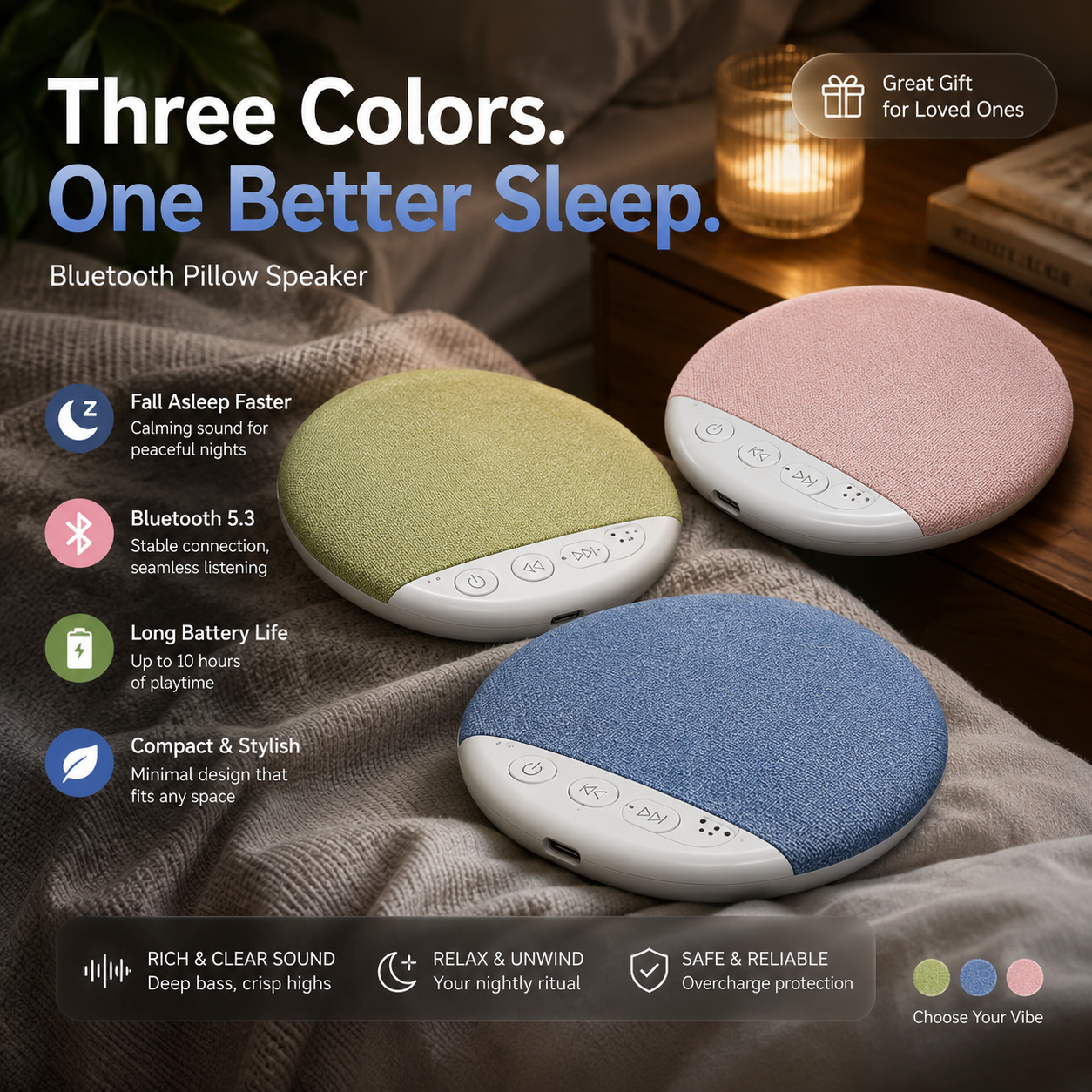 🛌 Under Pillow Sleep Speaker, Built-in White Noise Machine, Hi-Fi Harman Tuned Bluetooth Speaker with TF Card Support, Auto Timer for Better Sleep