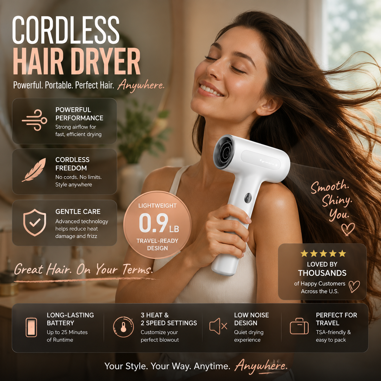 🛍️ 2-in-1 Cordless Hair Dryer & Art Air Dryer, Plug-in Hot Air + Battery Cold Air Rechargeable Portable Blow Dryer for Art Painting Nail Art Travel Dorm