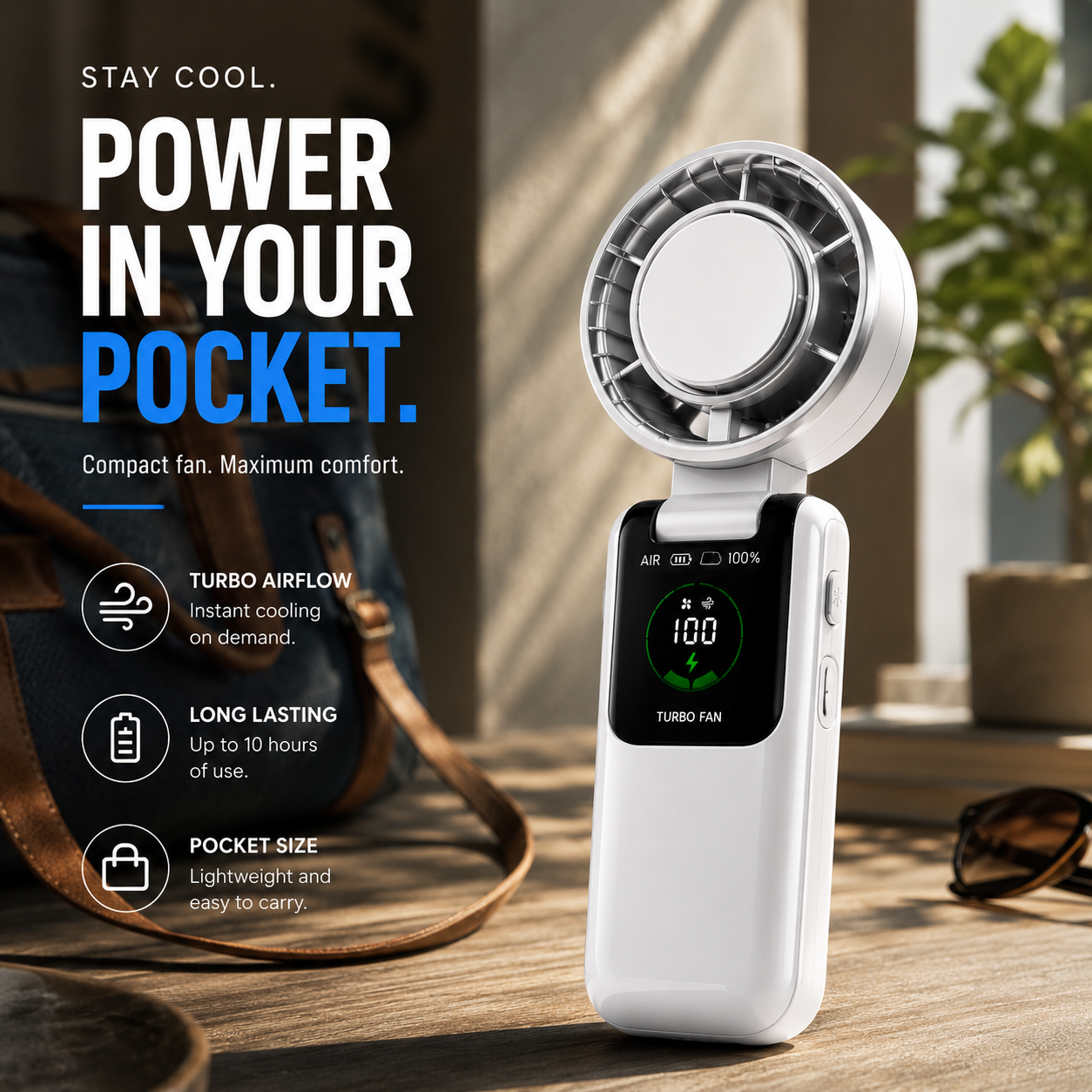 ❄️ Instant Ice Compress Cooling Handheld Fan, 1-100 Speed Adjustable Foldable Portable Turbo Fan, 3600mAh Rechargeable Desktop & Pocket Cooling Fan for Outdoor Travel