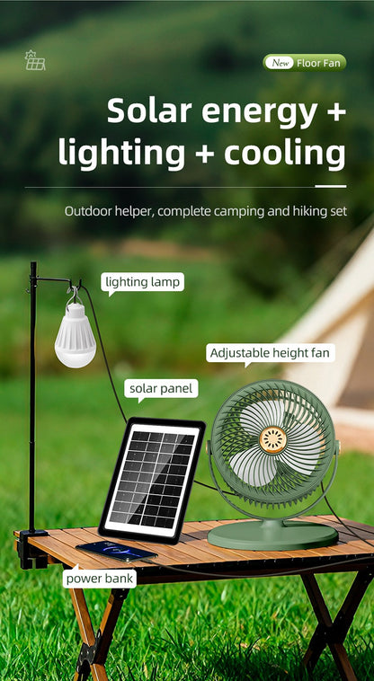 ☀️ 3-in-1 Solar Powered Camping Floor Fan, Adjustable Height Portable Outdoor Fan with Built-in LED Light & Emergency Power Bank for Tent RV Patio Tailgating