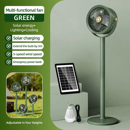 ☀️ 3-in-1 Solar Powered Camping Floor Fan, Adjustable Height Portable Outdoor Fan with Built-in LED Light & Emergency Power Bank for Tent RV Patio Tailgating