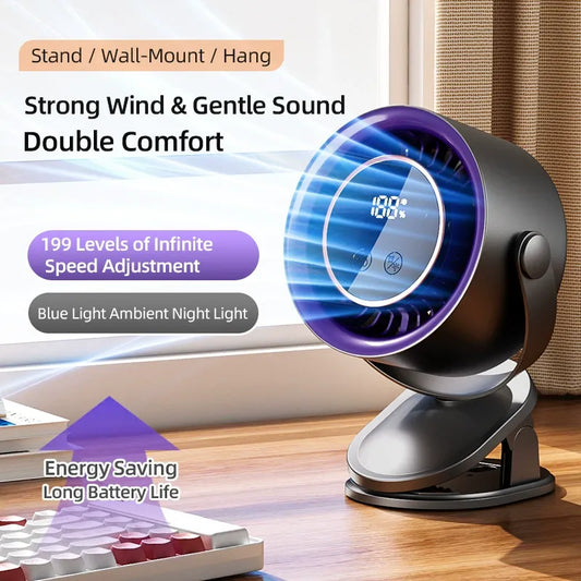 💡 3-in-1 Rechargeable Clip On Fan with Night Light, 199 Speed Adjustable Quiet Portable Fan, USB-C Charging 8H Auto Off Timer Wall Hanging Desk Fan for Nursery Camping Bedroom