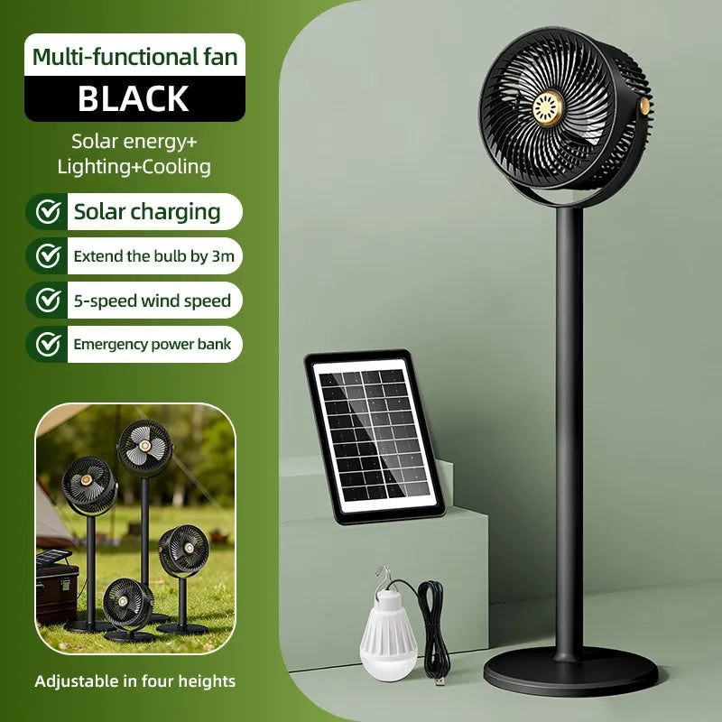 ☀️ 3-in-1 Solar Powered Camping Floor Fan, Adjustable Height Portable Outdoor Fan with Built-in LED Light & Emergency Power Bank for Tent RV Patio Tailgating