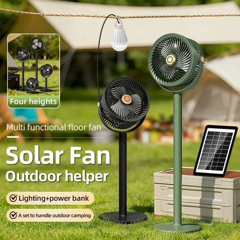 ☀️ 3-in-1 Solar Powered Camping Floor Fan, Adjustable Height Portable Outdoor Fan with Built-in LED Light & Emergency Power Bank for Tent RV Patio Tailgating