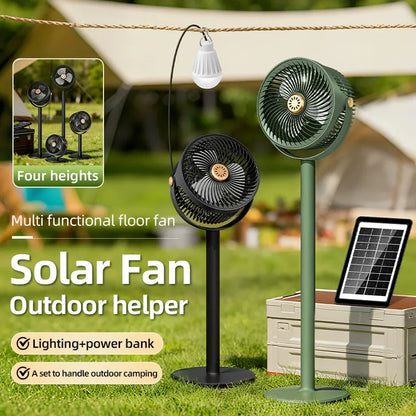 ☀️ 3-in-1 Solar Powered Camping Floor Fan, Adjustable Height Portable Outdoor Fan with Built-in LED Light & Emergency Power Bank for Tent RV Patio Tailgating