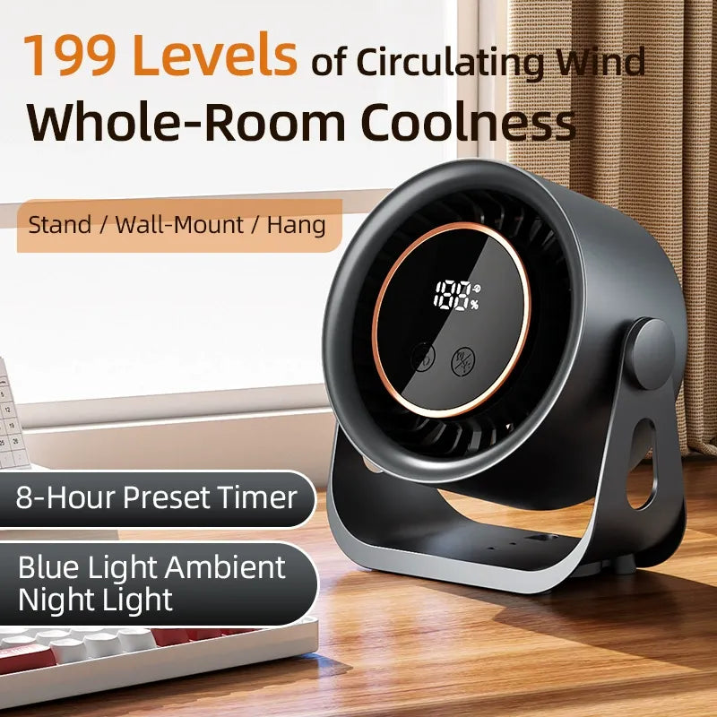 💡 3-in-1 Rechargeable Clip On Fan with Night Light, 199 Speed Adjustable Quiet Portable Fan, USB-C Charging 8H Auto Off Timer Wall Hanging Desk Fan for Nursery Camping Bedroom